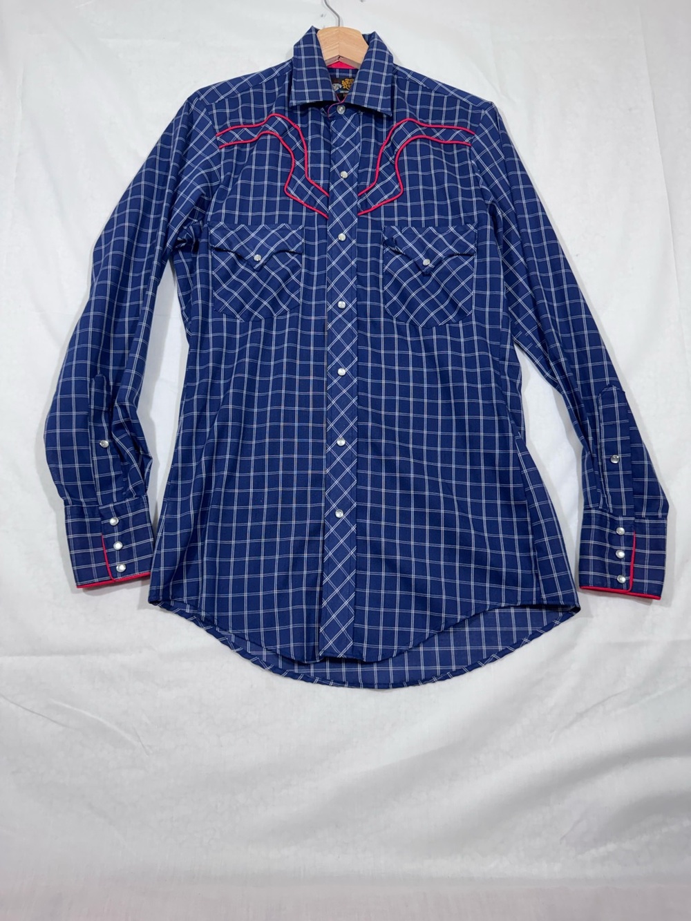 Vintage Kenny Rogers Karman Western Shirt Pearl Snap Blue Plaid USA Made Mens S